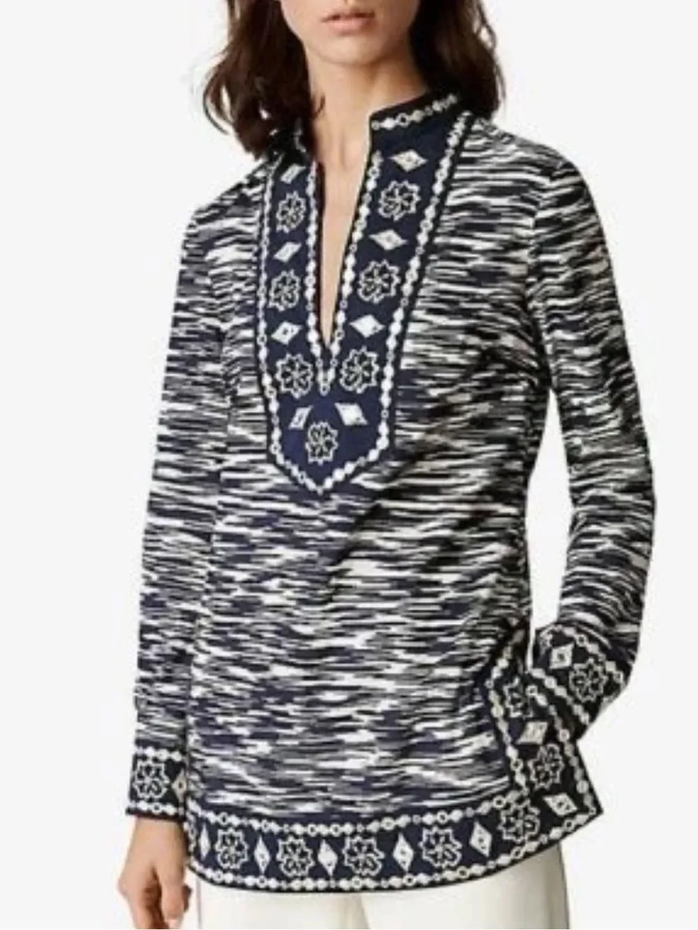 Tory Burch Navy Space Dye Embellished Tunic Size 10